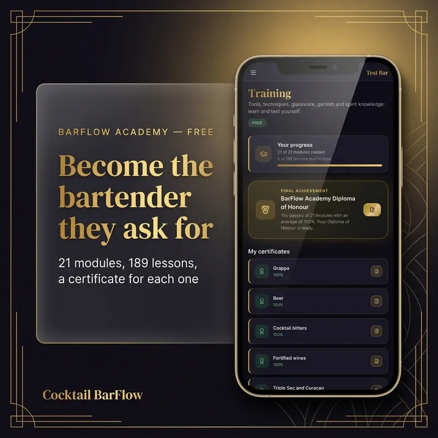 Free bartender training — feature overview · Cocktail BarFlow, bar management app for bartenders