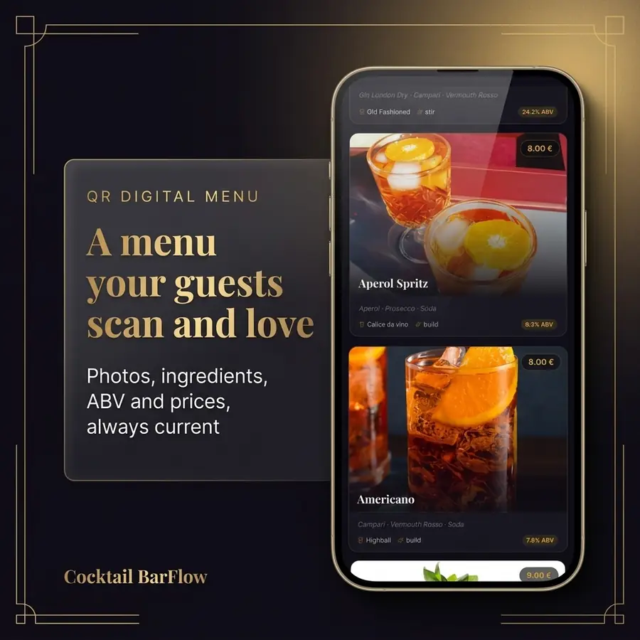 Digital Menu — feature overview · Cocktail BarFlow, bar management app for bartenders